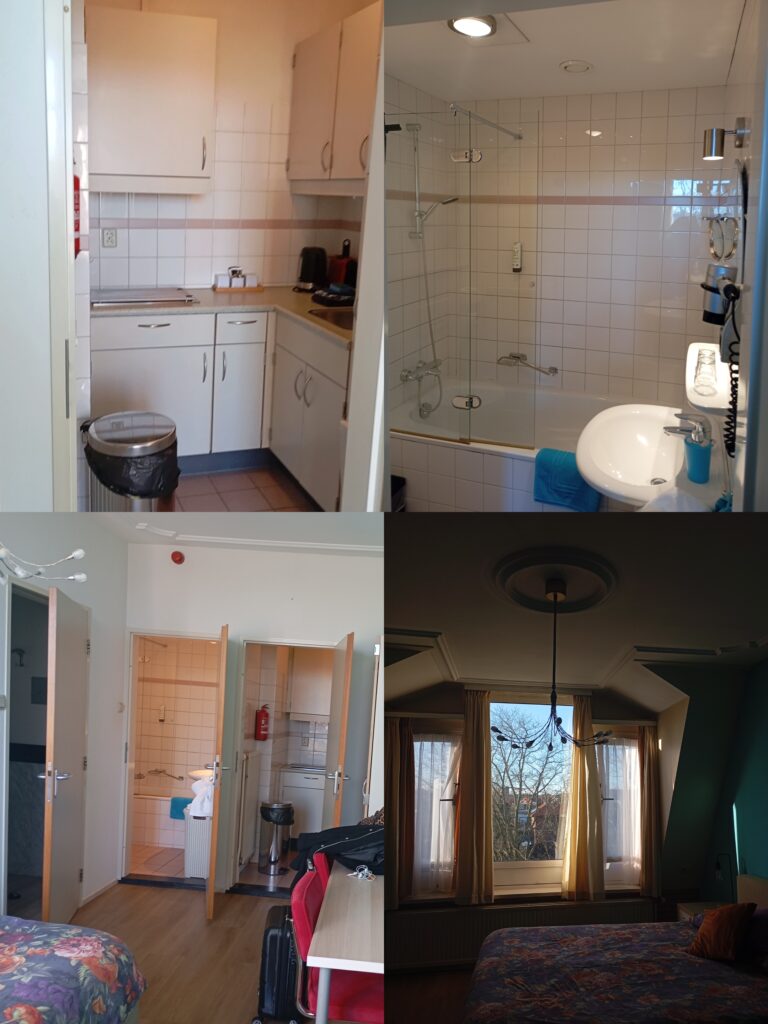 Zimmer-Übersicht im Hotel Plato Scheveningen by Hofstad Studios mit Küche, Bad und Bett im Studio-Apartment