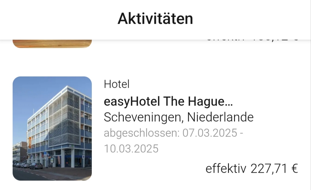 Screenshot der Hotelbuchung easyHotel Scheveningen Beach mit Preis und Aufenthaltsdatum