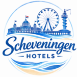 Logo von scheveningen-hotels.de mit Kurhaus, Riesenrad und Pier als Symbol für Hotelreviews in Scheveningen