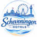 Logo von scheveningen-hotels.de mit Kurhaus, Riesenrad und Pier als Symbol für Hotelreviews in Scheveningen